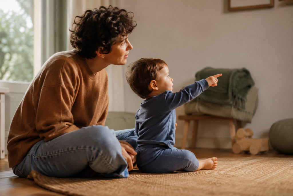 Mio figlio non parla ma il Genitore seduto sul pavimento all'altezza degli occhi del bambino mentre osservano insieme un oggetto fuori dall'inquadratura, in un momento di attenzione condivisa.