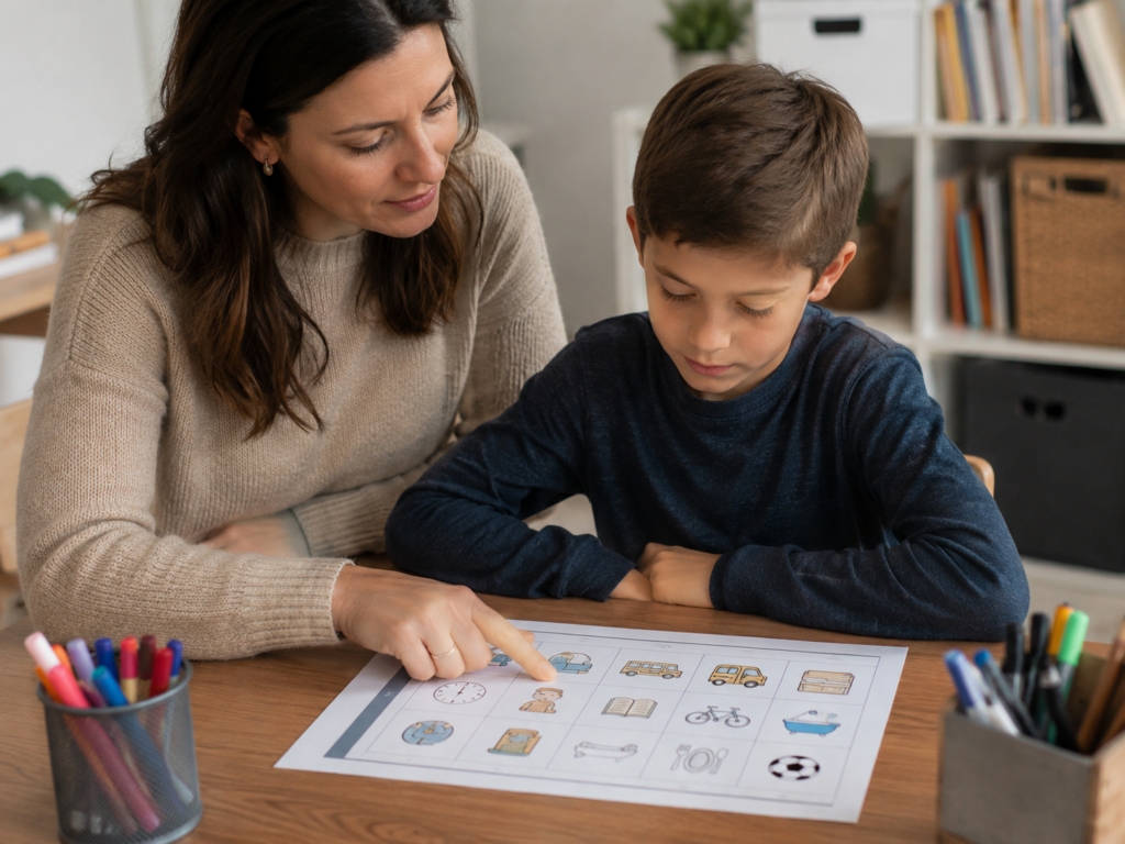 ADHD nei bambini: genitore aiuta il bambino a organizzare i compiti con una routine visiva