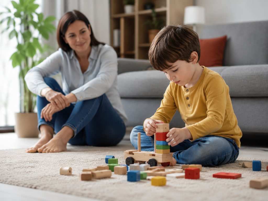 Autismo nei bambini: genitore osserva con attenzione il gioco del figlio