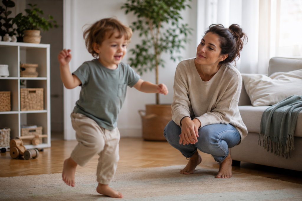 Mio figlio è sempre in movimento: Bambino piccolo in movimento in salotto mentre un genitore lo osserva con attenzione da vicino