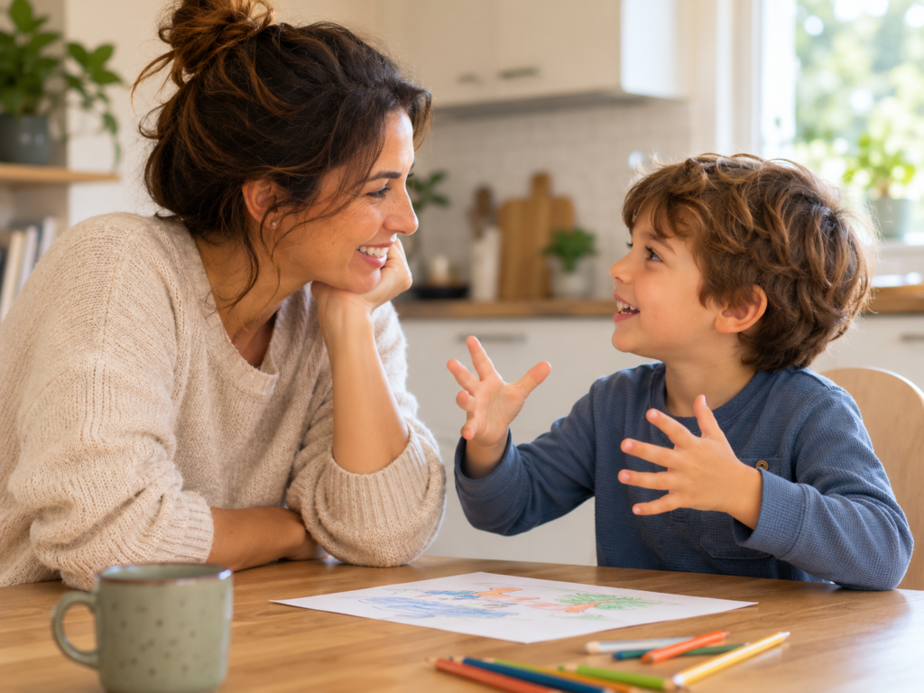 Linguaggio e comunicazione nei bambini: genitore e bambino conversano durante un momento quotidiano