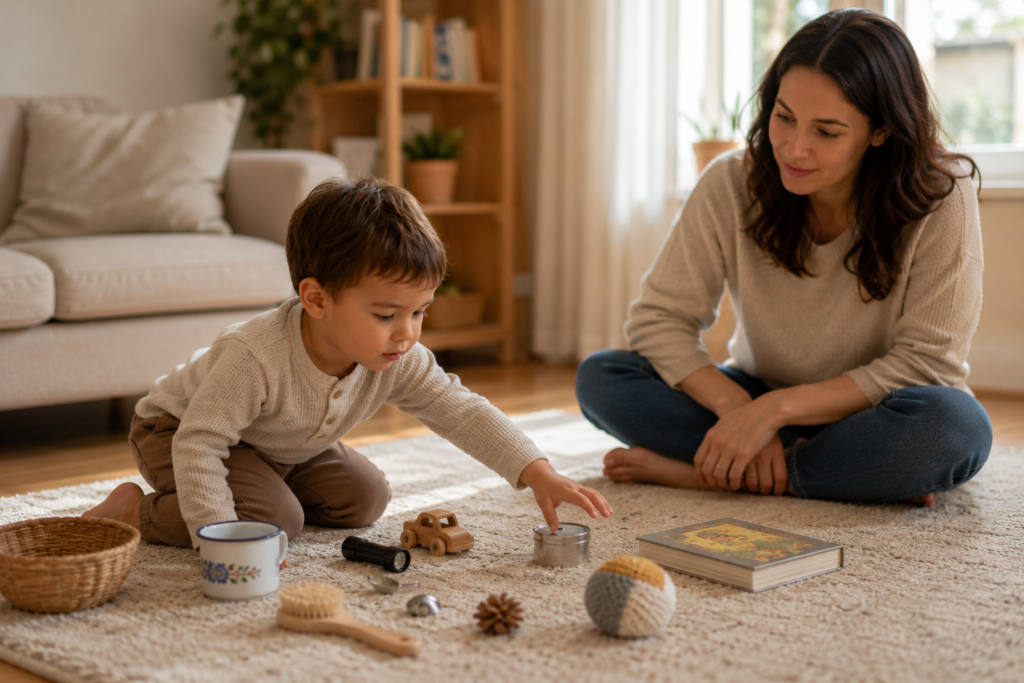 Linguaggio e comunicazione nei bambini: bambino che esplora oggetti diversi durante il gioco