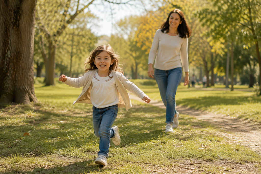 Mio figlio è sempre in movimento: Bambino che corre in un parco all'aperto con un genitore che lo segue sorridendo