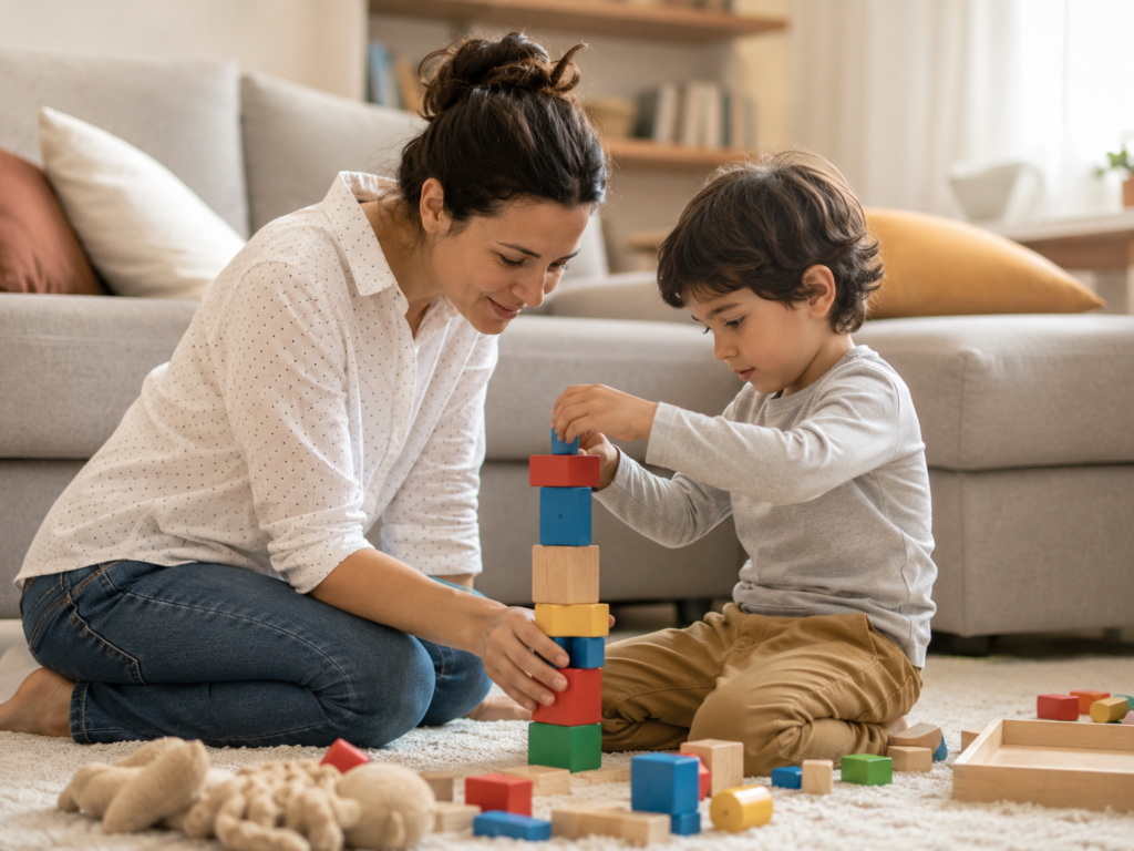 Mio figlio è sempre in movimento: Genitore e bambino che giocano insieme costruendo una torre di cubi su un tappeto di casa