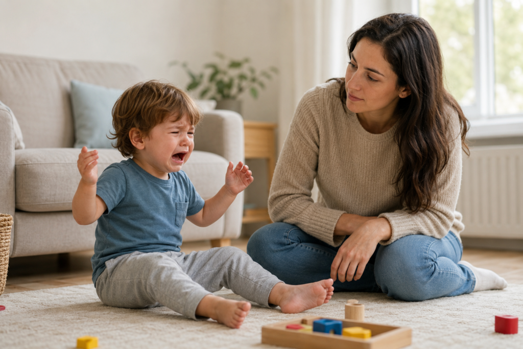 Mio figlio fa i capricci: Bambino che fa i capricci sul pavimento mentre il genitore resta vicino in modo calmo