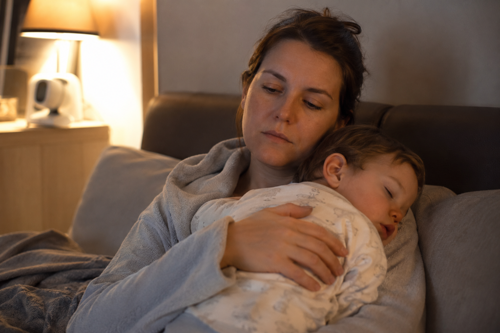 Mio figlio non dorme: Genitore esausto che tiene in braccio il bambino che non dorme, momento notturno intimo