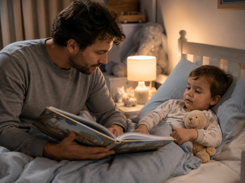 Adulto che legge una storia al bambino prima di dormire, la lettura fa parte della routine serale
