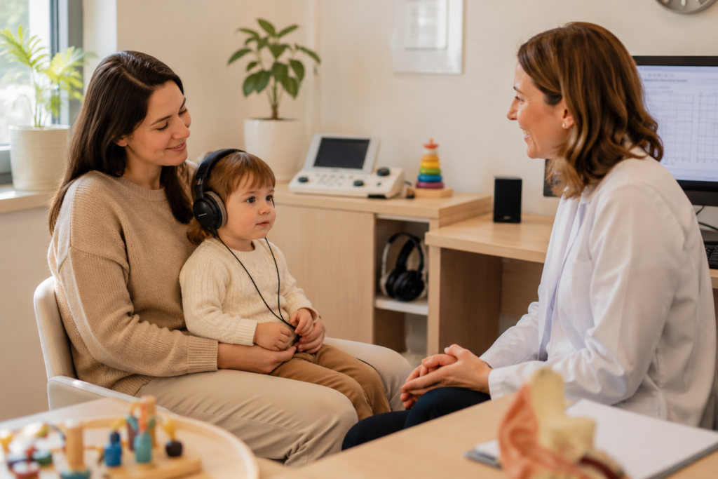 Mio figlio non risponde quando lo chiamo, bambino durante un controllo audiologico pediatrico