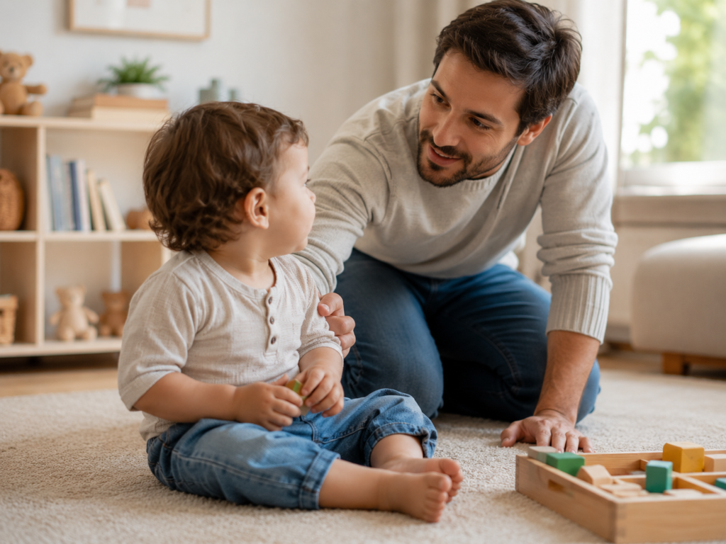 Mio figlio non risponde quando lo chiamo, genitore che si abbassa all'altezza del bambino per chiamarlo dolcemente