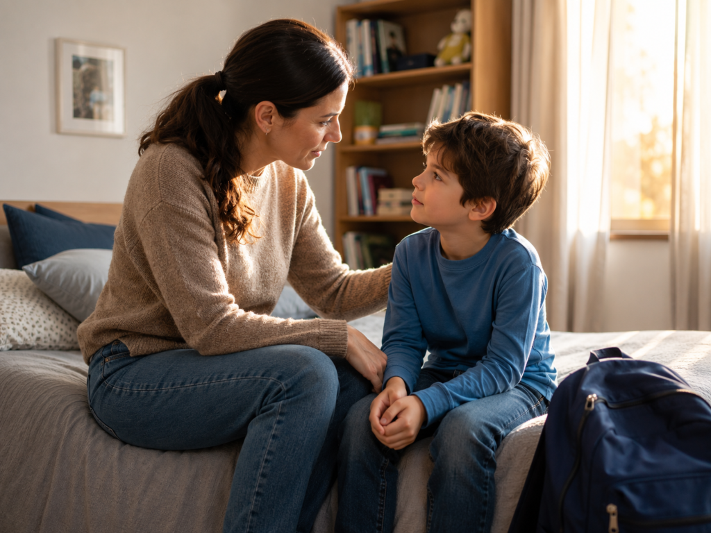 Mio figlio non vuole andare a scuola, genitore e bambino conversano con calma dopo la giornata scolastica