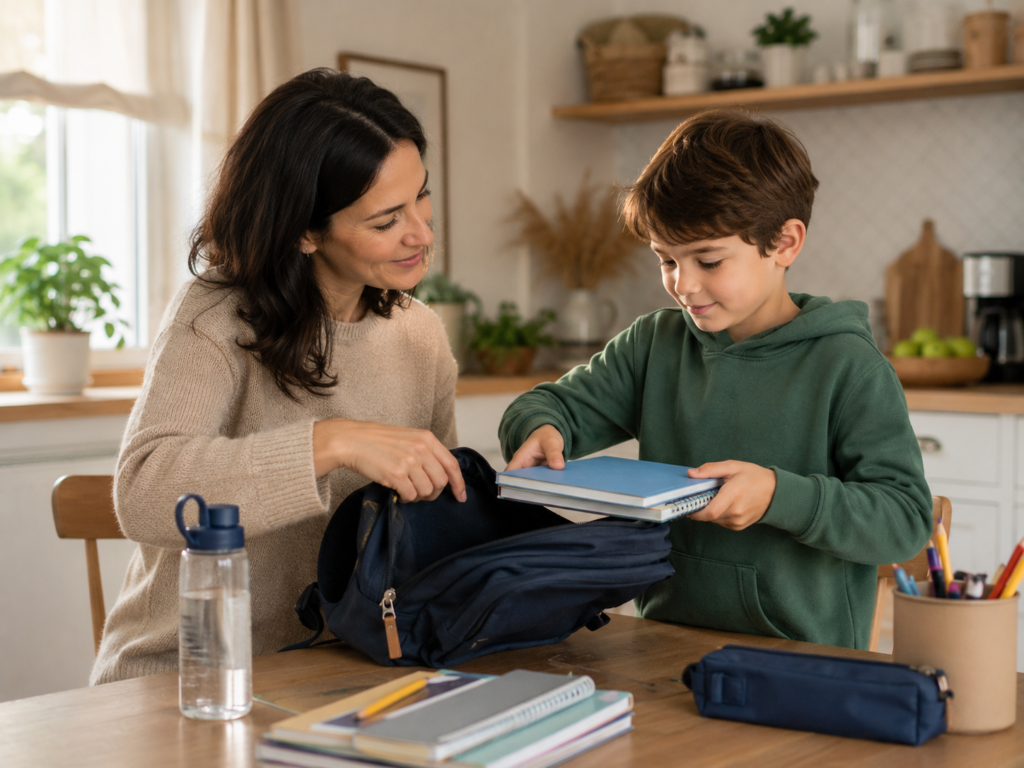 Mio figlio non vuole andare a scuola, routine mattutina calma con genitore e bambino che preparano lo zaino insieme