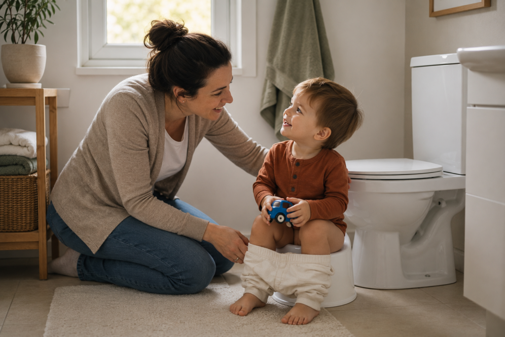mio-figlio-usa-ancora-il-pannolino-genitore-bagno-calma Mio figlio usa ancora il pannolino: genitore accompagna con calma il bambino verso il vasino