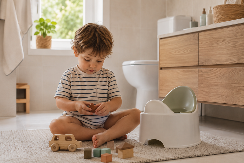 Mio figlio usa ancora il pannolino: bambino seduto vicino al vasino durante un momento di gioco tranquillo