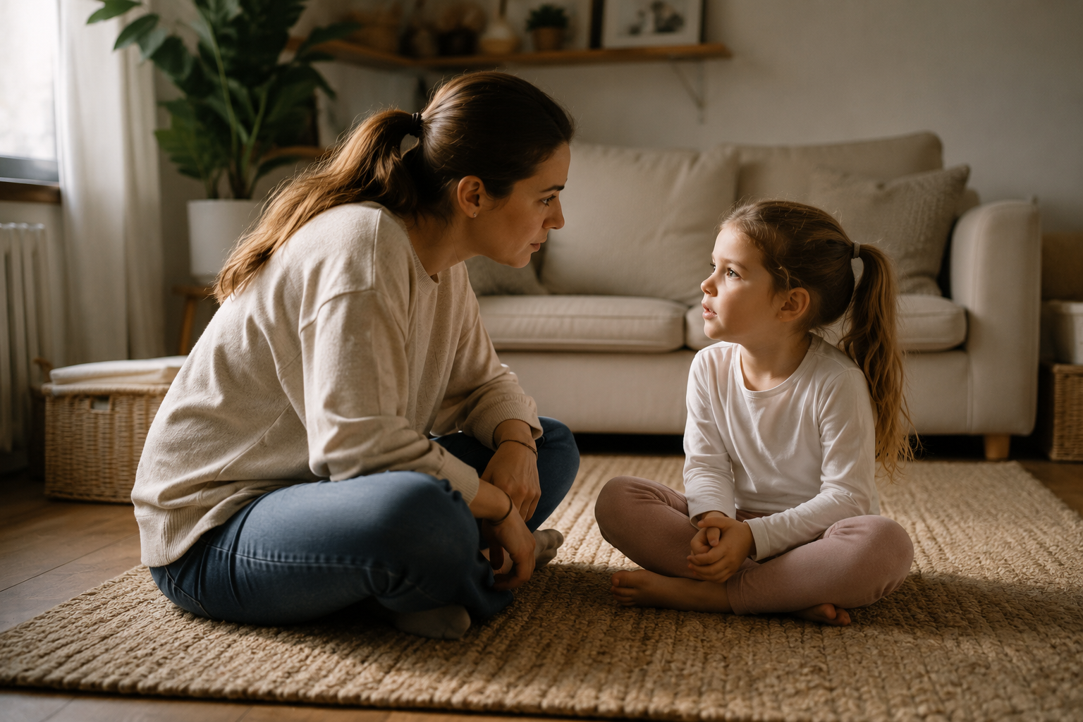 Genitore e bambino seduti faccia a faccia in un momento di connessione autentica e ascolto