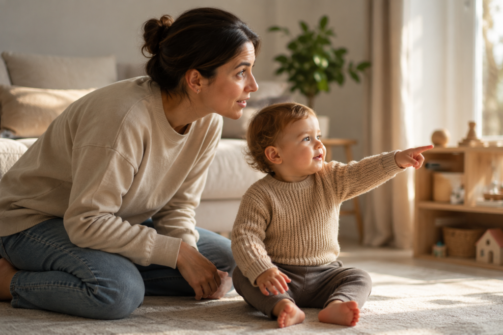 Sviluppo del linguaggio nei bambini: genitore e bambino condividono un momento di comunicazione osservando insieme lo stesso punto