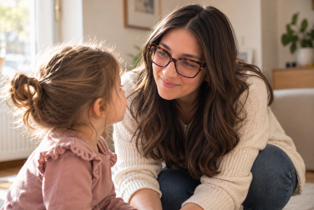 mio-figlio-non-ascolta-genitore-bambino-comunicazione Mio figlio non ascolta: genitore che si abbassa all'altezza del bambino per stabilire il contatto visivo durante la comunicazione