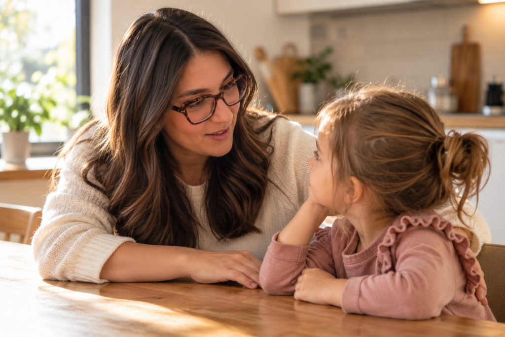 mio-figlio-non-ascolta-transizione-annuncio-anticipo Mio figlio non ascolta: genitore che comunica con calma la transizione imminente al bambino seduto a tavola