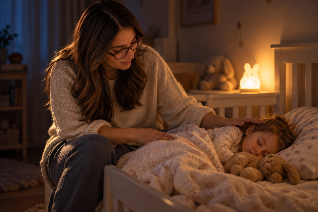 Mio figlio si sveglia ogni notte: genitore che rassicura con calma il bambino nel buio della stanza